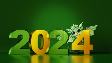 Photo for Year of the Dragon celebrating. Cartoon dragon staying near 2024 year numbers. Happy New Year celebration concept. 3D render - Royalty Free Image