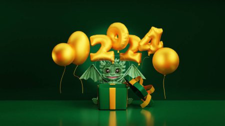 Photo for Year of the Dragon celebrating. Happy New Year 2024. Cartoon dragon looking on balloons flying from gift box. Happy New Year celebration concept. 3D render - Royalty Free Image