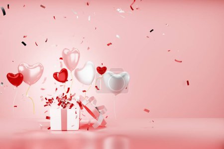 Photo for Colorful heart shape balloons and confetti flying from gift box. Anniversary celebration concept. 3D render - Royalty Free Image