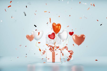 Photo for Colorful heart shape balloons and confetti flying from gift box. Anniversary celebration concept. 3D render - Royalty Free Image