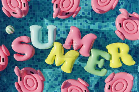 Schwimmbad mit Flamingoringen und Sommerbuchstaben. Sommerfest im Schwimmbad. 3D-Darstellung. Ansicht von oben