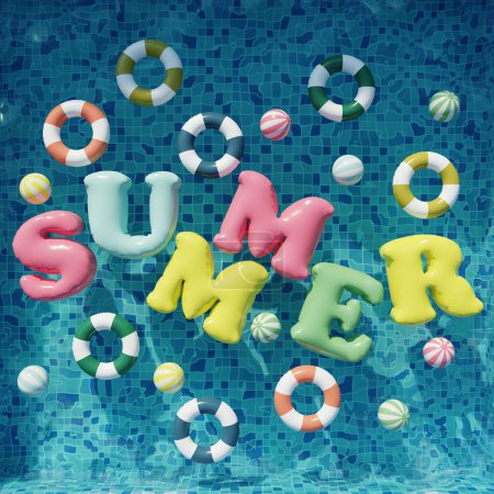 Schwimmbad mit Bällen, Schwimmringen und Sommerbuchstaben. Sommerfest im Schwimmbad. 3D-Darstellung. Ansicht von oben