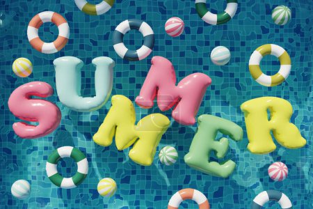 Schwimmbad mit Bällen, Schwimmringen und Sommerbuchstaben. Sommerfest im Schwimmbad. 3D-Darstellung. Ansicht von oben