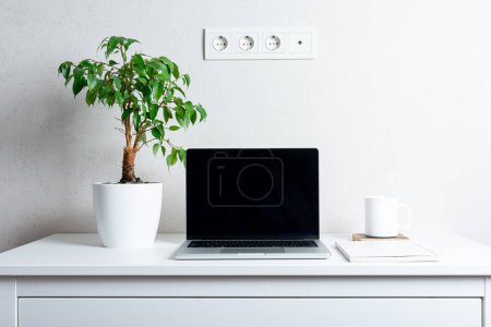Photo for Laptop with black screen ,green plant , sockets and cup. the concept of home office. - Royalty Free Image