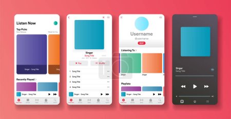 Illustration for Apple Music app interface. Social media network. Musical player application. Subscription. Profile, Album, Song, Playlist mobile screen mockup. - Royalty Free Image