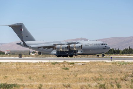 Photo for Konya, Turkey - 07 01 2021: A C-17 transport aircraft of the Emirate of Qatar on a training flight during the Anatolian Eagle Air Force Exercise 2021 - Royalty Free Image