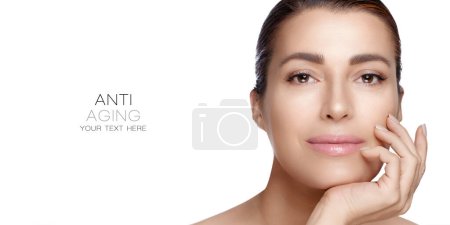 Photo for Beauty and Skincare Concept. Beautiful natural middle age woman with nude makeup on a flawless skin. Beauty Face Spa Woman isolated on white with copy space - Royalty Free Image