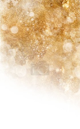 Photo for Golden Christmas background with different sparkling and twinkling bokeh from party lights and glitter over white with copyspace for your seasonal greetings - Royalty Free Image