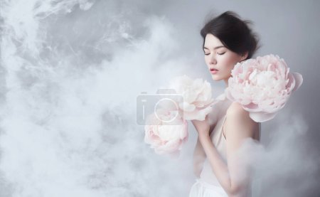 Photo for Beautiful dreamy woman with peonies in a milky pastel colors ambient with copy space. Generative ai. Beauty and wellness concept. - Royalty Free Image