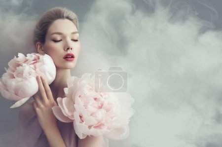 Photo for Beautiful dreamy woman with peonies in a milky pastel colors ambient with copy space. Generative ai. Beauty and wellness concept. - Royalty Free Image