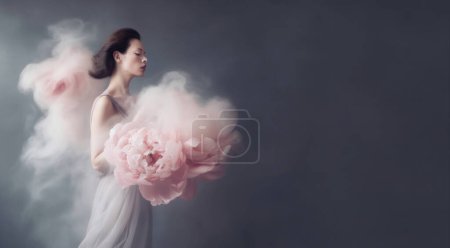 Photo for Surreal serenity. Dreamy woman surrounded by peonies immersed in a milky haze with copy space. Generative ai - Royalty Free Image