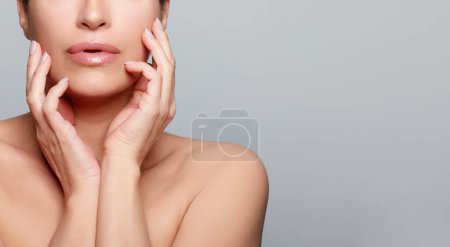 Photo for Beauty and Skin Care Concept. Beautiful natural woman with flawless fresh clean skin. Panorama banner with lateral grey copyspace - Royalty Free Image