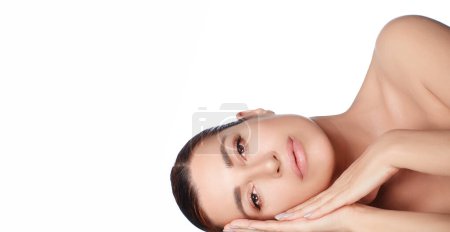 Photo for Beauty Spa and Skincare Concept. Beautiful natural young woman with a healthy glow skin. isolated on white background with copy space - Royalty Free Image