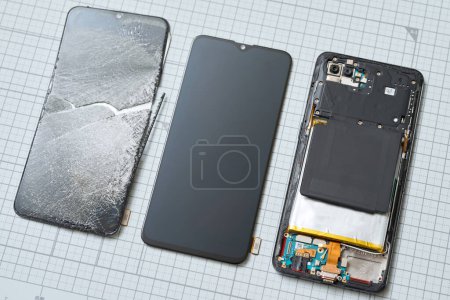 Broken smartphone display and replacement parts
