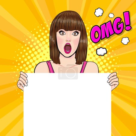 Illustration for Surprised woman looking and point to white space pop art comics style. - Royalty Free Image