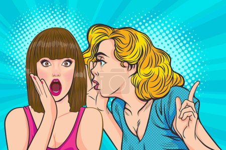 Woman whispering gossip or secret to her friend pop art comics style