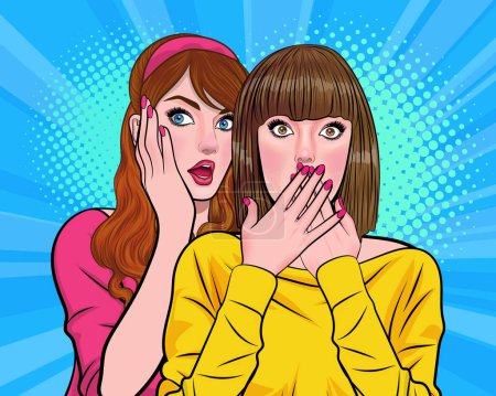 Ilustración de Mujer susurrando chismes o secretos a su amigo pop art comics estilo - Imagen libre de derechos