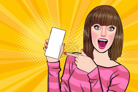 Téléchargez les illustrations : Femme visage wow et tenant smartphone pop art rétro style comique - en licence libre de droit