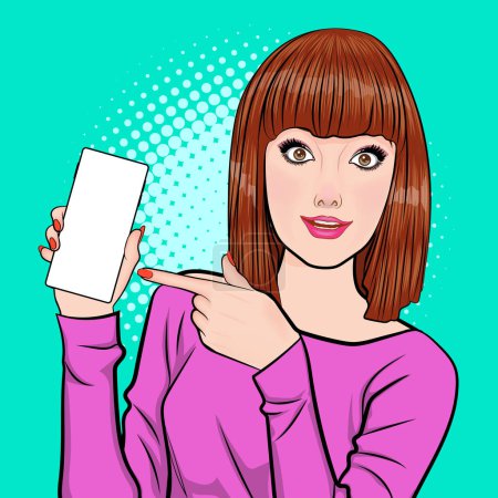 Téléchargez les illustrations : Femme visage wow et tenant smartphone pop art rétro style comique - en licence libre de droit