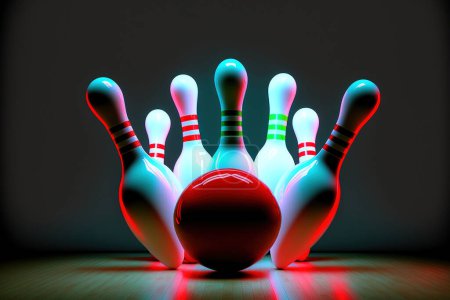 Téléchargez les photos : Photo de boule de bowling frappant des broches marquant une frappe. Un fond de bowling. Bowling rendu 3D
. - en image libre de droit