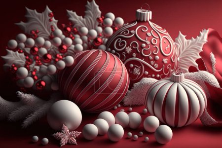 Foto de Christmas toys on a crumpled red background. Christmas, New Year holiday decorations. 3D illustration - Imagen libre de derechos
