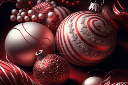 Foto de Christmas toys on a crumpled red background. Christmas, New Year holiday decorations. 3D illustration - Imagen libre de derechos
