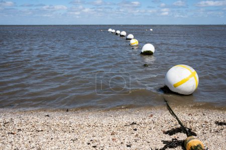 Téléchargez les photos : Des bouées blanches avec des rayures jaunes mènent à l'horizon sur les eaux calmes du bord de mer, avec un rivage sablonneux au premier plan. - en image libre de droit
