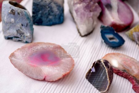 Photo for Natural natural stones and minerals in the cut. Purple rough amethyst, quartz crystals - Royalty Free Image