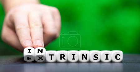 Téléchargez les photos : Hand turns dice and changes the word extrinsic to intrinsic. - en image libre de droit