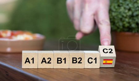 Symbol for learning the Spanish language. Wooden cubes show the skill level A1 to C2.