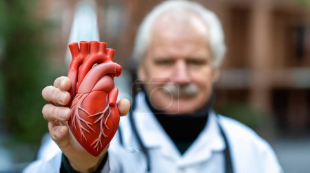 Foto de Cardiólogo senior mostrando un modelo saludable de corazón. - Imagen libre de derechos