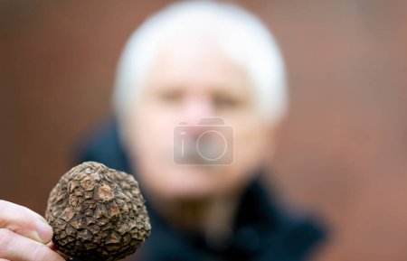 Senior citizen holding a black truffle.