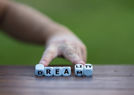 La mano gira los dados y cambia la palabra sueño a realidad.