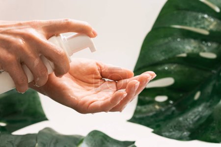 Photo for Woman is applying cleansing foam on her hand against monstera deliciosa tropical leaf background - Royalty Free Image