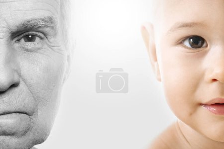 Photo for Portrait of elderly man and baby boy. Concept of rebirth and cycle of life. - Royalty Free Image