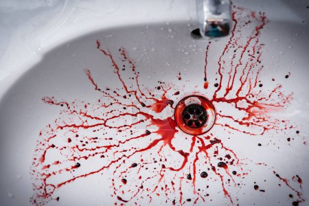 Foto de Escena del crimen aterradora con un lavabo sucio y salpicaduras de sangre - Imagen libre de derechos