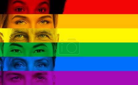 Téléchargez les photos : Gros plan yeux masculins et féminins de différentes ethnies et âges aux couleurs du drapeau arc-en-ciel de la communauté LGBT - en image libre de droit