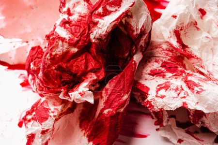 Photo for Dirty paper towel and red paint looking like blood on white background - Royalty Free Image
