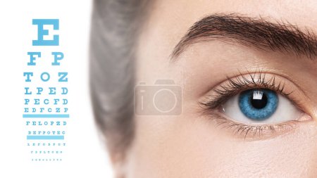 Ophthalmology - Closeup of female eye with blue iris and chart for visual acuity test