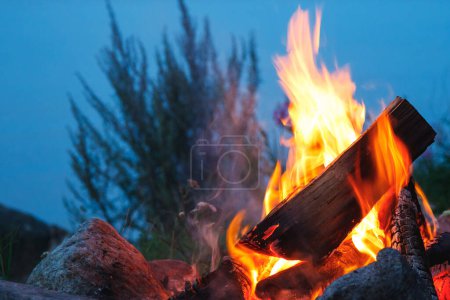 Foto de Primer plano de una fogata brillantemente ardiendo por la noche en un campamento al aire libre con un mar tranquilo en el fondo. - Imagen libre de derechos