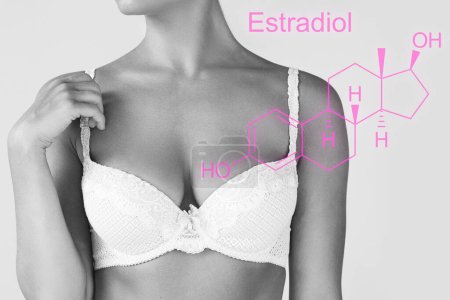 Photo for Young woman wearing white lingerie and Estradiol hormone formula - Royalty Free Image