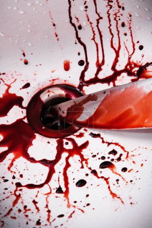 Photo for Closeup of dirty bathroom sink with blood splatter and knife - Royalty Free Image