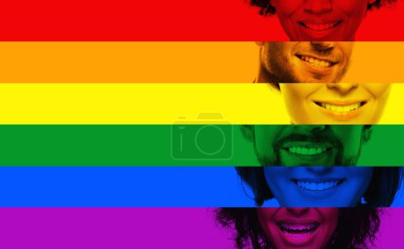 Téléchargez les photos : Gros plan Sourires masculins et féminins de différentes ethnies aux couleurs du drapeau arc-en-ciel de la communauté LGBT - en image libre de droit