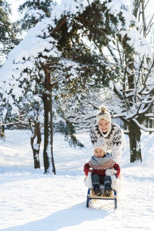 Téléchargez les photos : Mère et son mignon petit fils portant des pulls chauds ont sur une colline de luge pendant la journée ensoleillée d'hiver - en image libre de droit
