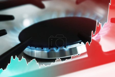 Photo for Close-up of gas stove with a rising price chart. Concept of energy crisis and natural gas rise in price. - Royalty Free Image