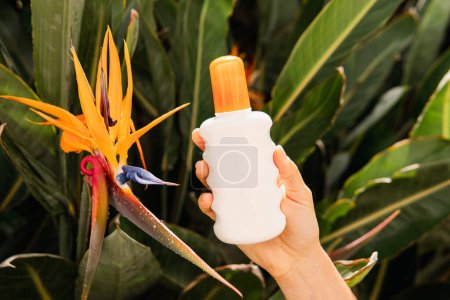 Foto de Primer plano de una mujer sosteniendo una botella de producto para el cuidado de la piel ordenada el pájaro del paraíso flor tropical. - Imagen libre de derechos