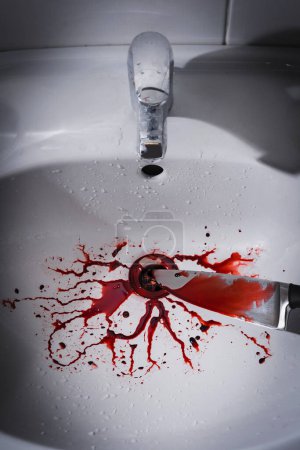 Téléchargez les photos : Gros plan de sale lavabo de salle de bain avec éclaboussure de sang et couteau - en image libre de droit