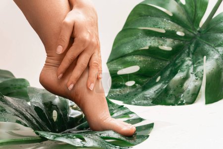 Photo for Closeup of wet female feet with smooth skin and Monstera deliciosa tropical leaf - Royalty Free Image