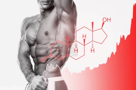 Shredded male torso, testosterone formula and rising chart. Concept of hormone increasing methods or anabolic steroids usage.