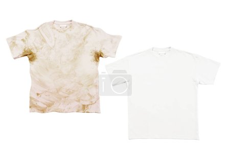 Comparison of white t-shirt before and after using laundry detergent or bleach on white background